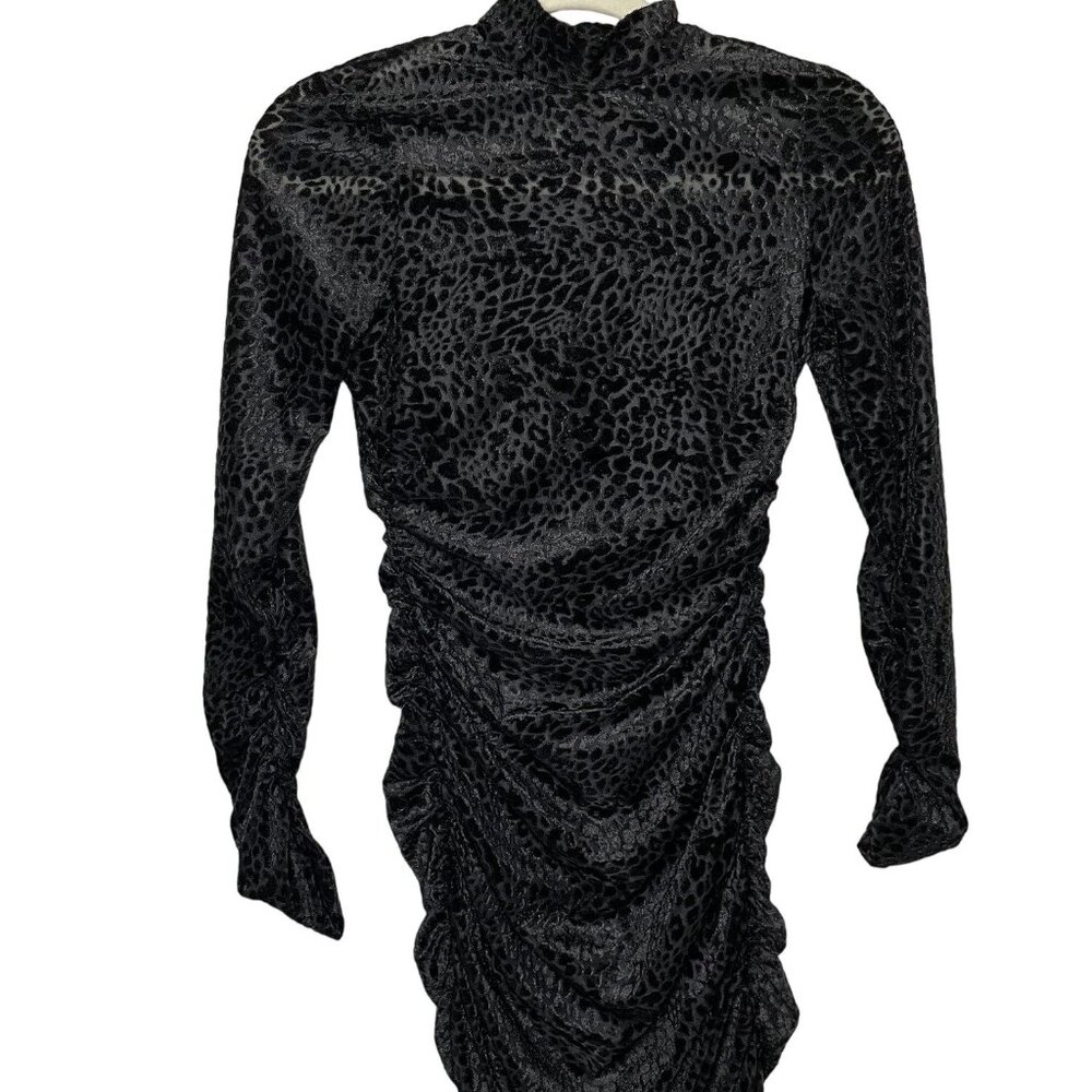 LIKELY Leopard Burnout Wylie Dress Size 2 Black Ruched Long Sleeve Mock Neck - Picture 2 of 10